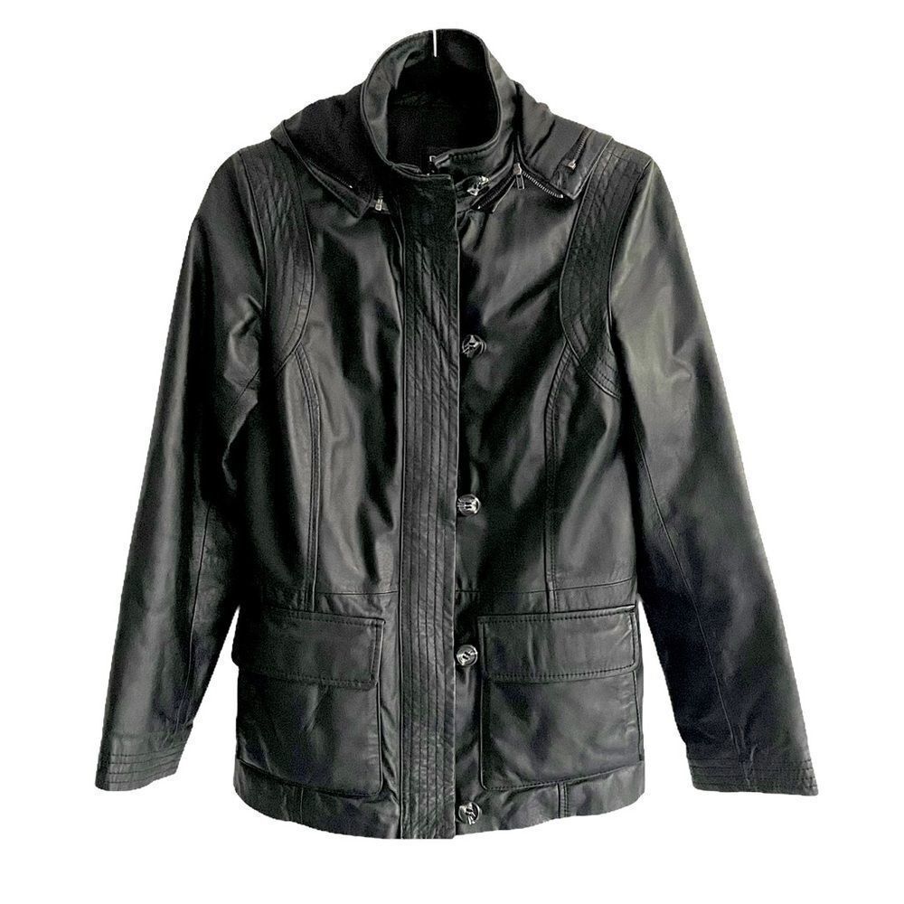 DANIER Leather Fall Winter Jacket Coat Hood Black XXS